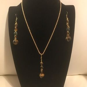 Tiger Eye and Jade Earring and Necklace
